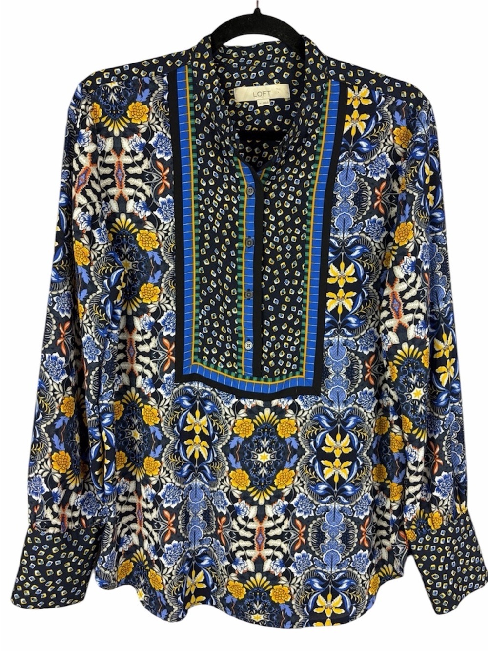LOFT Medium Mixed Floral Medallion Print Popover Blouse Blue Yellow